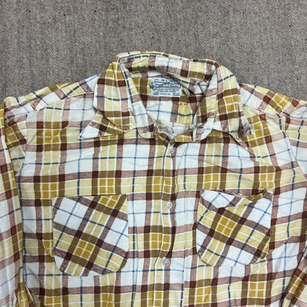 Vintage Sear Flannel Shirt Mens Large Yellow 1970s Long Sleeve - Picture 2 of 9